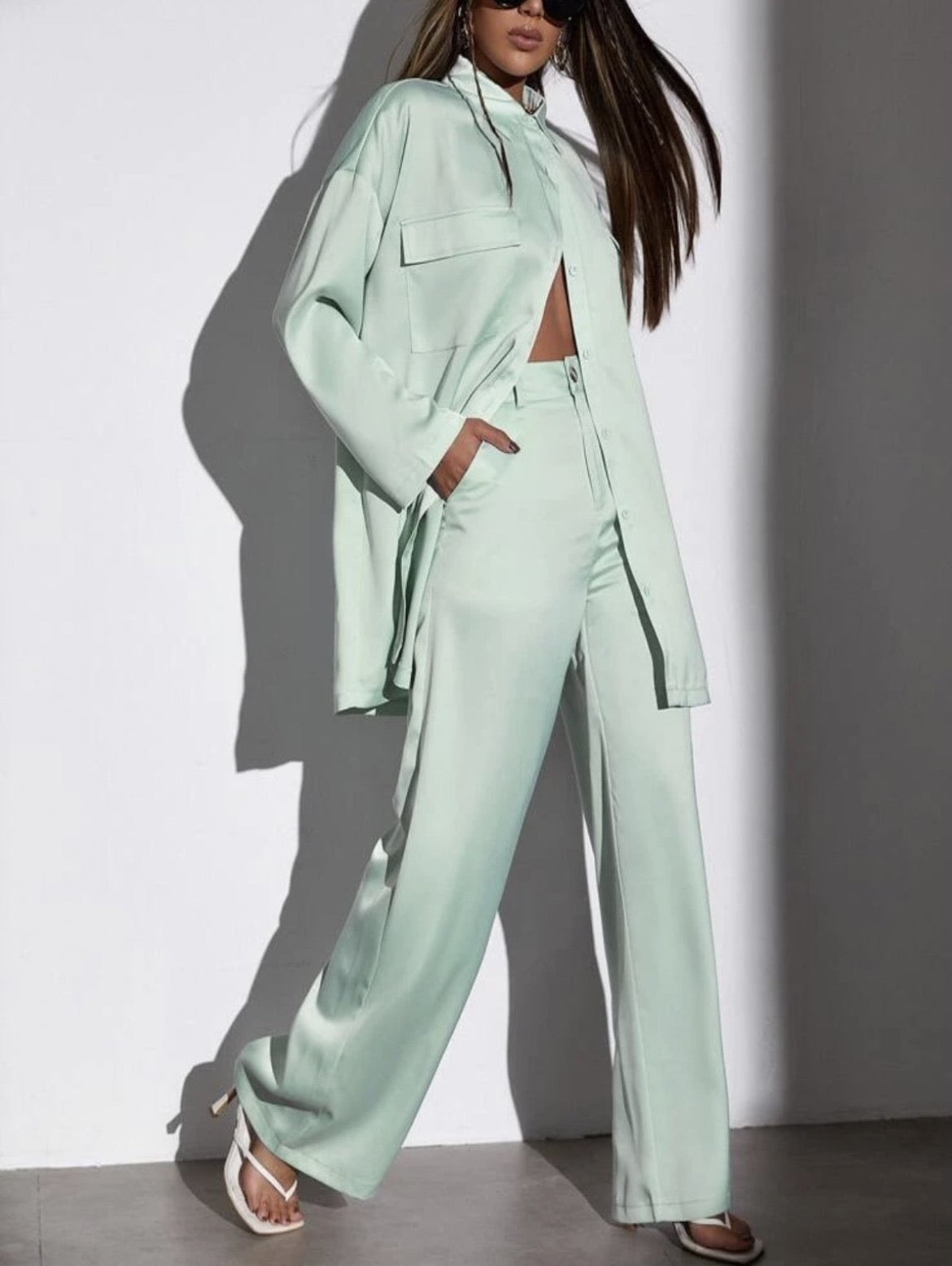 Mint Green Pocket Blouse & Pants Set